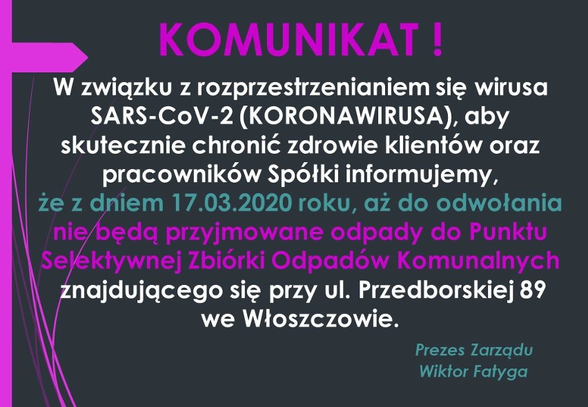 Koronawirus. Nie będą przyjmowane śmieci w Punkcie Selektywnej Zbiórki Odpadów we Włoszczowie