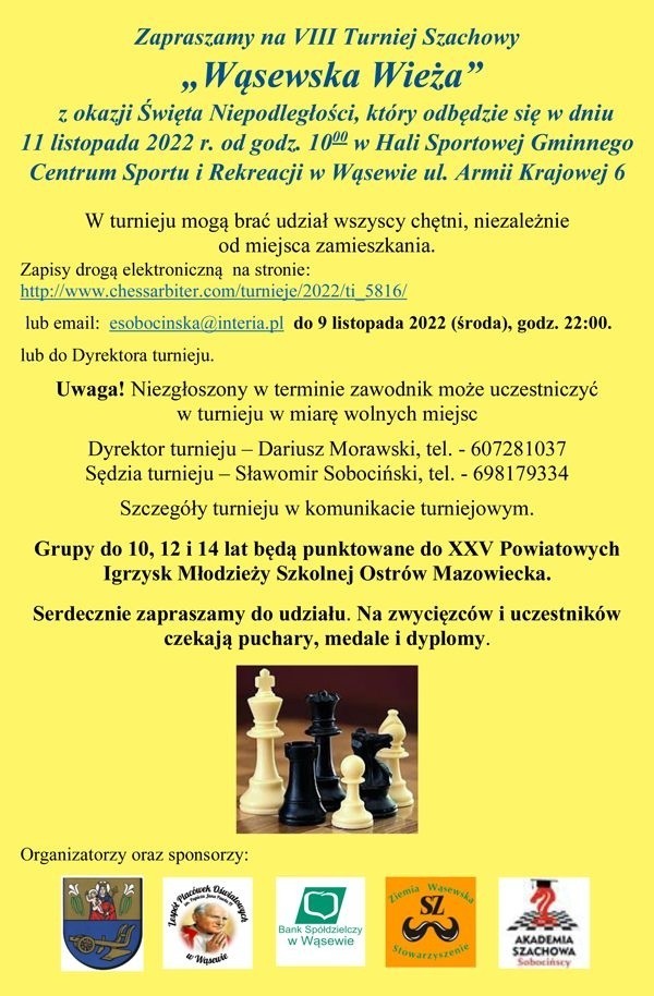 11 listopada w Wąsewie odbędzie się turniej szachowy...