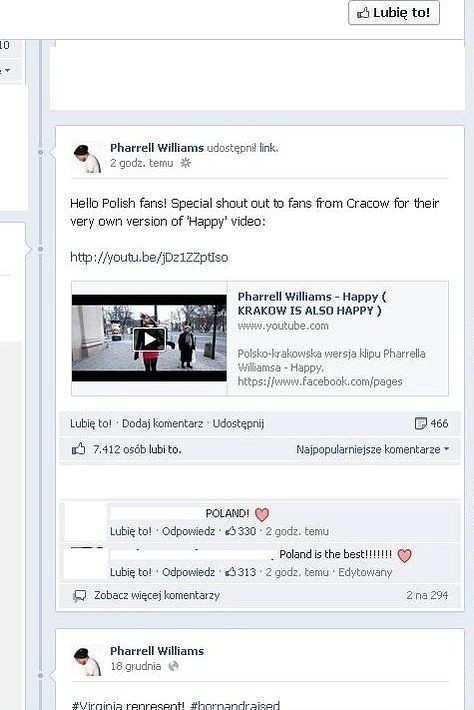 Pharrell Williams polecił polską wersję swojego hitu "Happy" (fot. screen z Facebook)