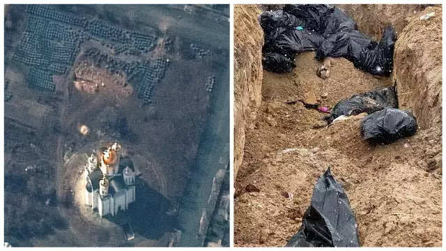 Po wycofaniu się rosyjskich żołnierzy z Buczy, odnaleziono masowy grób ofiar cywilnych. Jest on widoczny na zdjęciach satelitarnych
