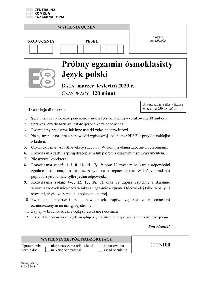 Próbny Egzamin Ósmoklasisty 2020 CKE - j. polski. CKE oraz OKE udostępniły  arkusze z egzaminu ósmoklasisty online ODPOWIEDZI 31.03.20 | Gazeta  Krakowska