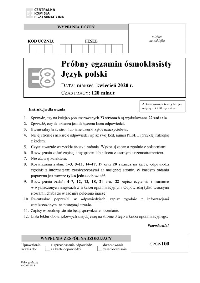 Próbny Egzamin Ósmoklasisty 2020 CKE - j. polski.