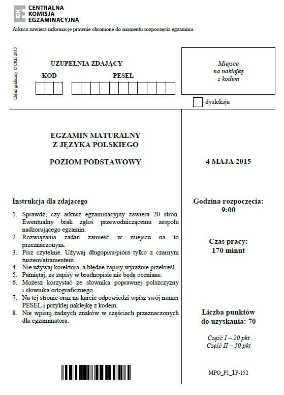 Matura 2015: JĘZYK POLSKI poziom podstawowy dla TECHNIKUM [ODPOWIEDZI, ARKUSZE]