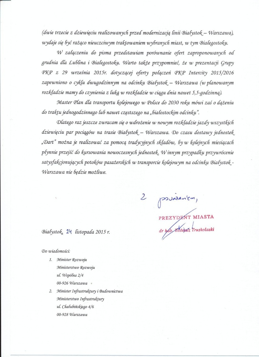 List prezydenta Białegostoku do prezesa PKP Intercity