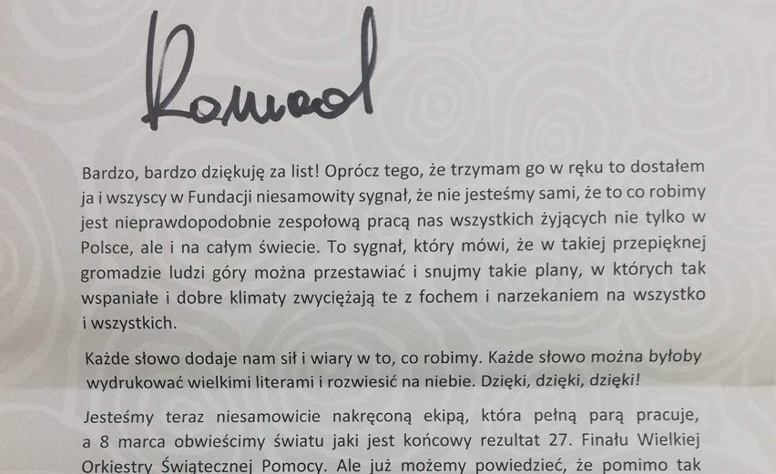 Jerzy Owsiak podziękował mieszkańcom Skarżyska i prezydentowi Kronigowi. Zobacz wzruszający list