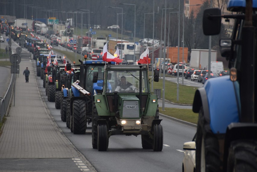 Strajk rolników w Tarnowie i regionie. Kolumna traktorów przejechała przez miasto. W Borusowej i Szczucinie blokowane są drogi przy mostach