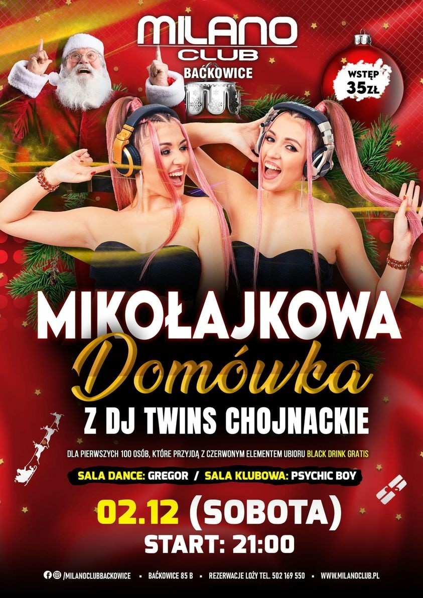 Mikołajkowa Domówka z DJ Twins Chojnackie w Milano Club Baćkowice. Zapowiada się niezła impreza