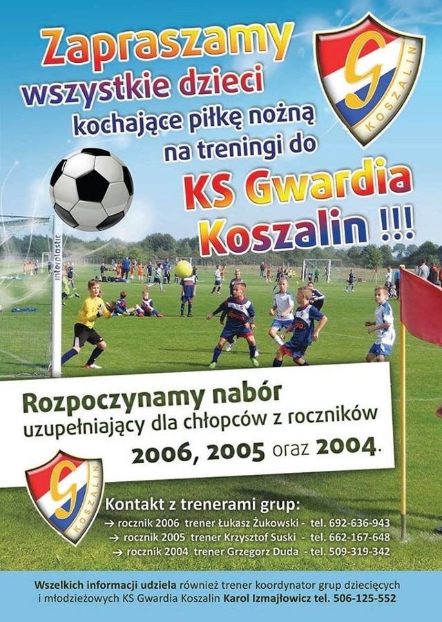 Klub Sportowy Gwardia Koszalin prowadzi nabór uzupełniający do zespołów młodzieżowych