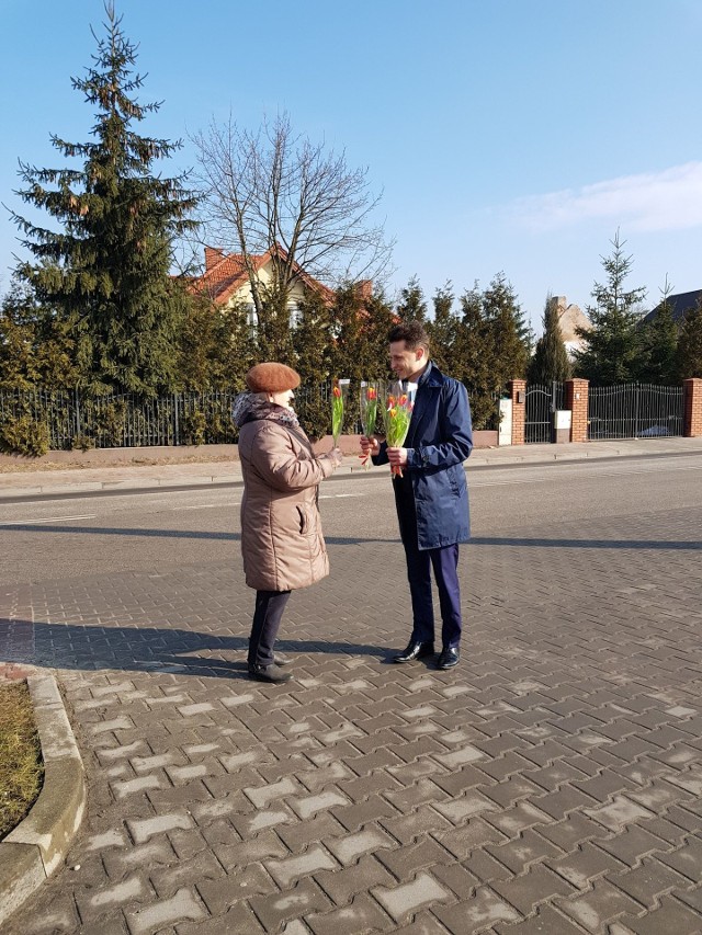 Radny z Zagnańska Kamil Piasecki wręcza tulipany z okazji Dnia Kobiet.