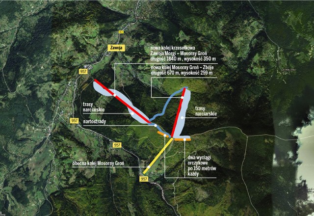 Mapa pokazuje wstępny plan Polskich Kolei Linowych rozbudowy ośrodka narciarskiego na Mosornym Groniu w Zawoi