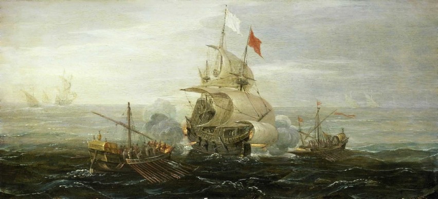Francuski okręt atakowany przez berberyjskich piratów (obraz...