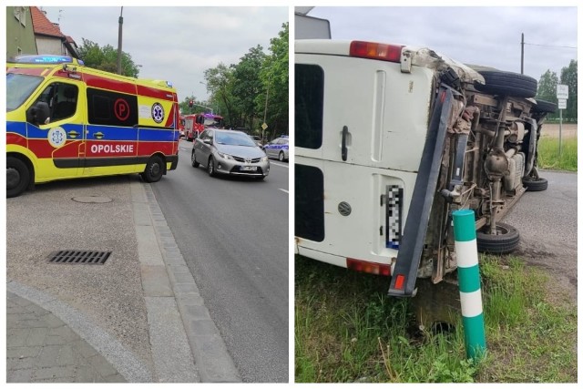 Kierowca busa podczas skręcania w boczną drogę został uderzony przez opla. W efekcie bus przewrócił na bok.