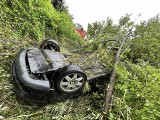 Dachowanie w Witowicach Dolnych przy skręcie na Rożnów. Samochód wypadł z drogi i wylądował w krzakach. Kierowca opuścił pojazd samodzielnie