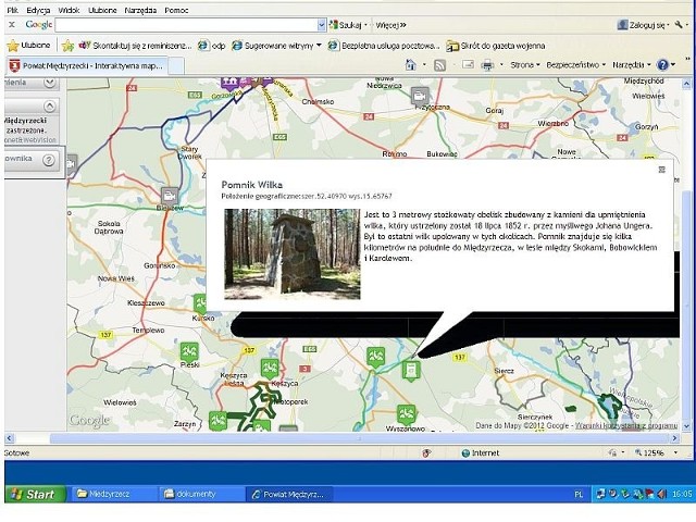 Na mapie znajdziemy wiele ciekawostek związanych z powiatem. Np. informacje o pomniku wilka między Bukowcem i Międzyrzeczem.