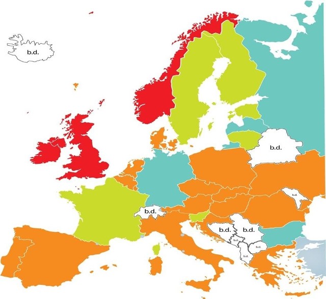 Czerwony: tu obowiązuje zakaz palenia. Pomarańczowy: tu istnieje możliwość lub obowiązek wydzielenia sali dla palących. Zielony: tu istnieje  możliwość wydzielenia palarni dla palących klienttów. Turkus: tu trwa dyskusji społeczna nad zmianami prawa.