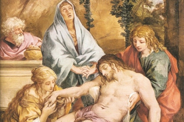 Pobożne kobiety towarzyszyły Matce Bożej także w czasie zdjęcia z krzyża ciała Chrystusa: Pietro da Cortona, "Opłakiwanie Jezusa&#8221;, fragment fresku z Kaplicy Sykstyńskiej.