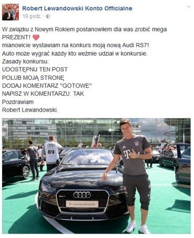 Robert Lewandowski rozdaje samochody na Facebooku? Dziesiątki tysięcy internautów w to uwierzyło