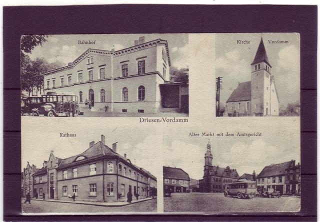 Widokówka przedstawia Drezdenko (wtedy Driesen) z 1929 r. U góry po lewej stronie widać dworzec kolejowym w Nowym Drezdenku i dwa busy czekające na podróżnych. Na dole po prawej stronie widać przystanek w centrum.