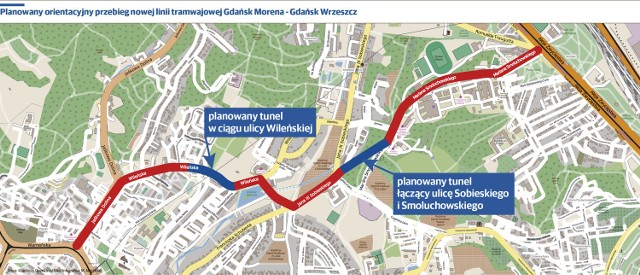 Planowany orientacyjny przebieg nowej linii tramwajowej Gdańsk Morena - Gdańsk Wrzeszcz