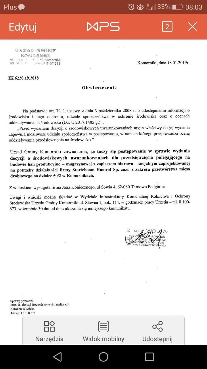 Obwieszczenie wydane w styczniu przez Urząd Gminy Komorniki