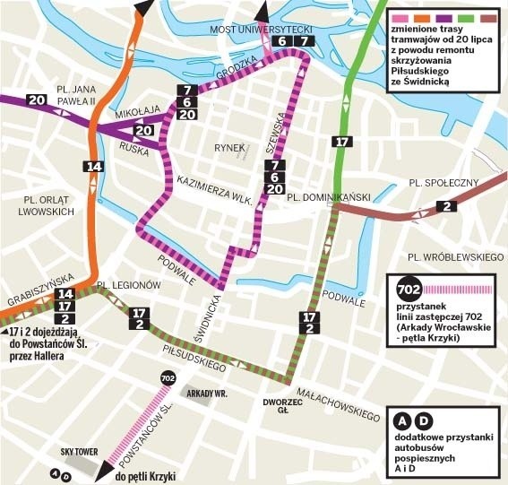 Wrocław: Remont torowiska na skrzyżowaniu Świdnicka/Piłsudskiego. Jak jechać (MAPKA)