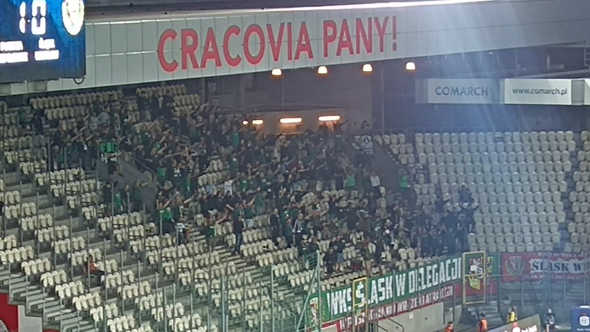 Kibice Śląska Wrocław na meczu z Puszczą na stadionie Cracovii 