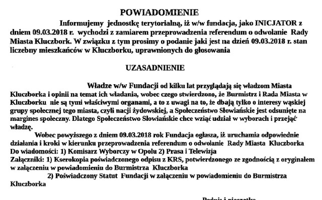 Jan Kiełb zapowiedział z swoim piśmie, że w Kluczborku władzę chce przejąć społeczeństwo słowiańskie.