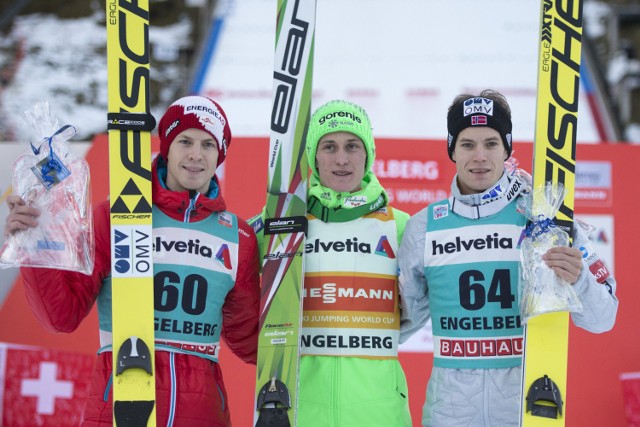 Od lewej Michael Hayboeck, Peter Prevc i Kenneth Gangnes.