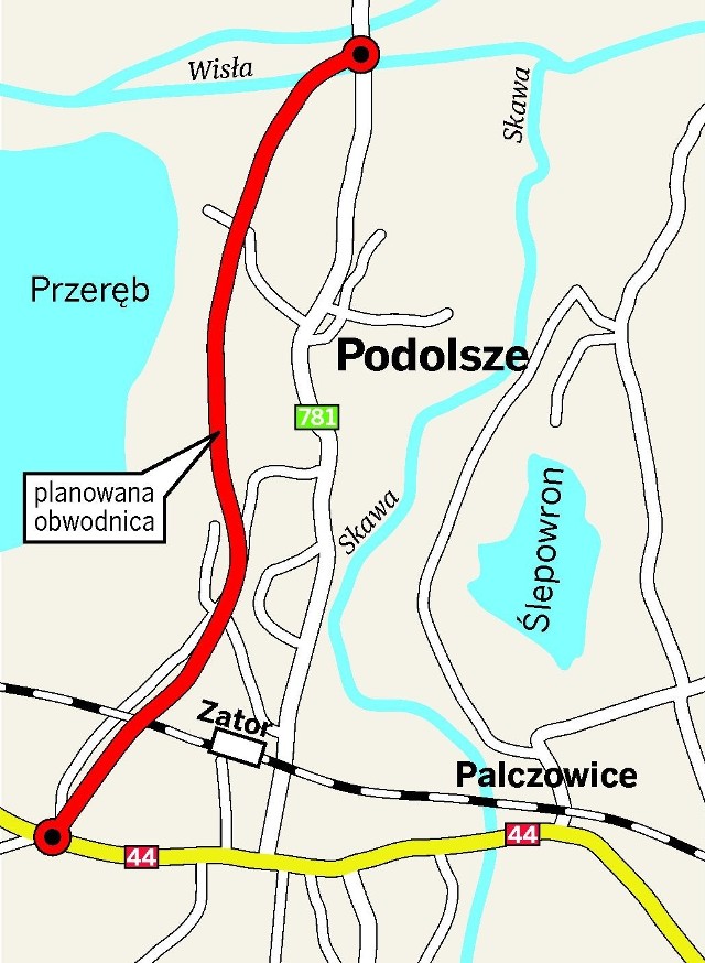 Obwodnica będzie miała długość 3 km. Rozpoczynać się będzie w rejonie mostu na Wiśle i dochodzić do drogi krajowej 44 