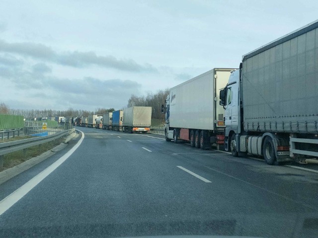 Ukraińskie tiry na obwodnicach Ropczyc, Sędziszowa i w Świlczy. Zajmują jeden pas ruchu na DK94