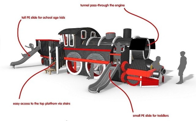 Taka duża zabawka w formie lokomotywy znajdzie się na placu dla dzieci, ze zjeżdżalniami i atrakcjami