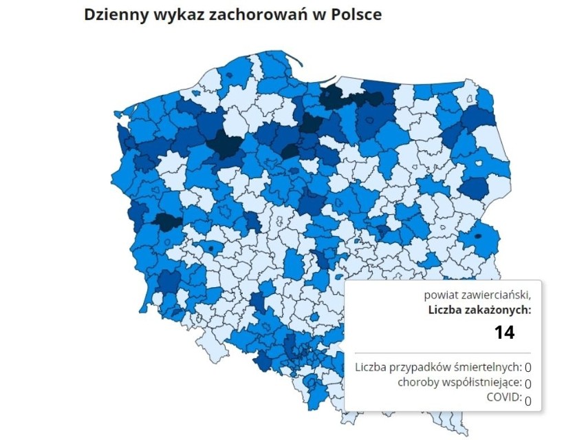 Liczba zakażeń w poszczególnych powiatach woj. śląskiego