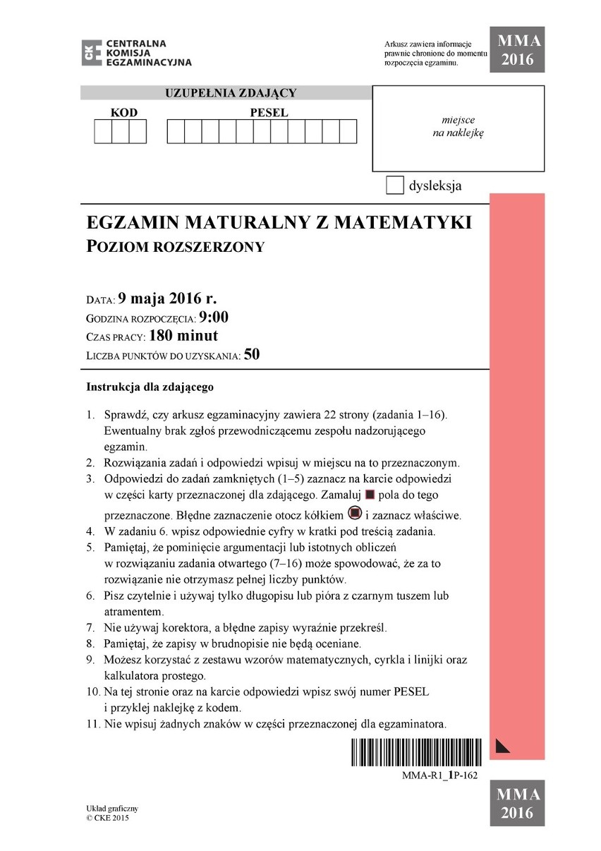 Matura 2016 - matematyka poziom rozszerzony CKE ARKUSZ...