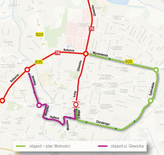 Mapa objazdów: skrzyżowanie Łony-Sobieskiego-Powstańców-Gliwicka