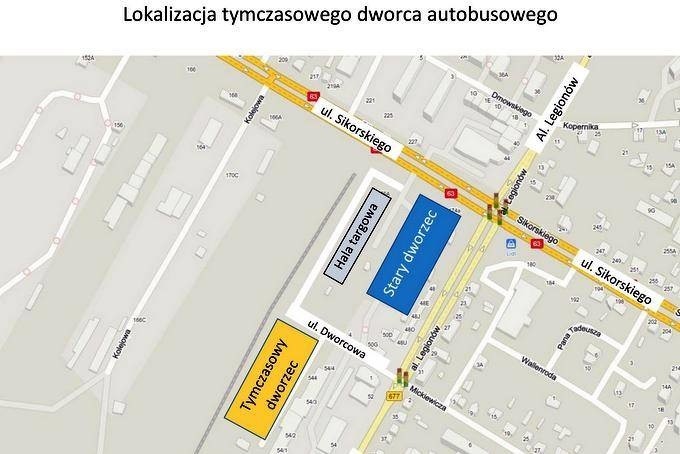 Łomża. Dworzec autobusowy w tymczasowym miejscu. Jest zmiana organizacji ruchu