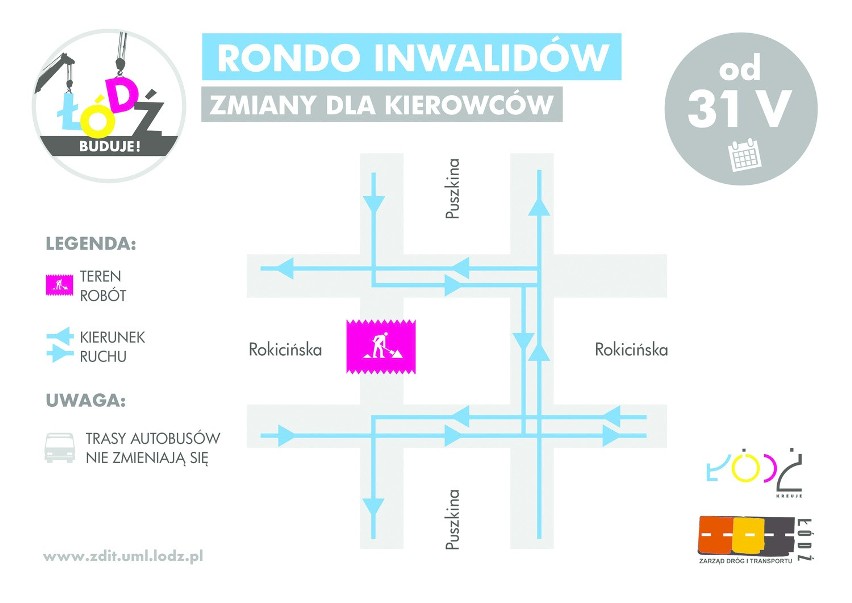 Zmiany na rondzie Inwalidów w Łodzi. Zmotoryzowani muszą omijać zachodnią część rodna