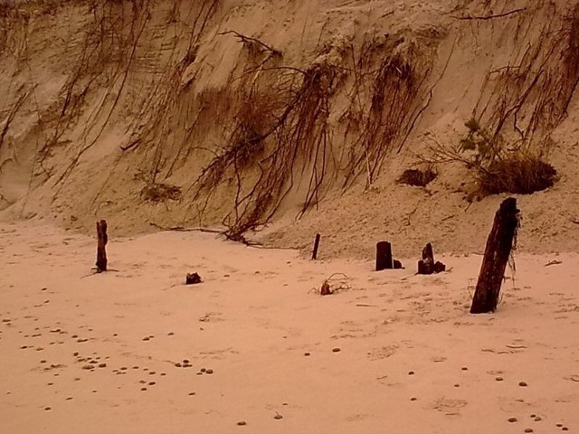 Zagadkowe pozostałości na plaży znajdują się około 2 km na zachód od trzeciego mola. 