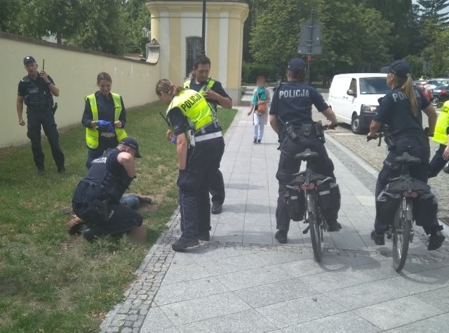 Było piątkowe południe. Na ulicy Kościelnej siedziała na ławce kobieta, która rozmawiała przez telefon. Wtedy podbiegł do niej mężczyzna i ukradł torebkę stojącą obok na ławce. Następnie zaczął uciekać w stronę ulicy Legionowej.