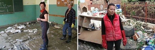 Nauczyciele z Sokolnik założyli gumowce i rękawice, aby posprzątać to, co zostawiła po sobie powódź (z lewej). Nina Złotek, nauczyciel z Przedszkola w Sokolnikach przy stercie rzeczy wyniesionych z sali zabaw (z prawej).