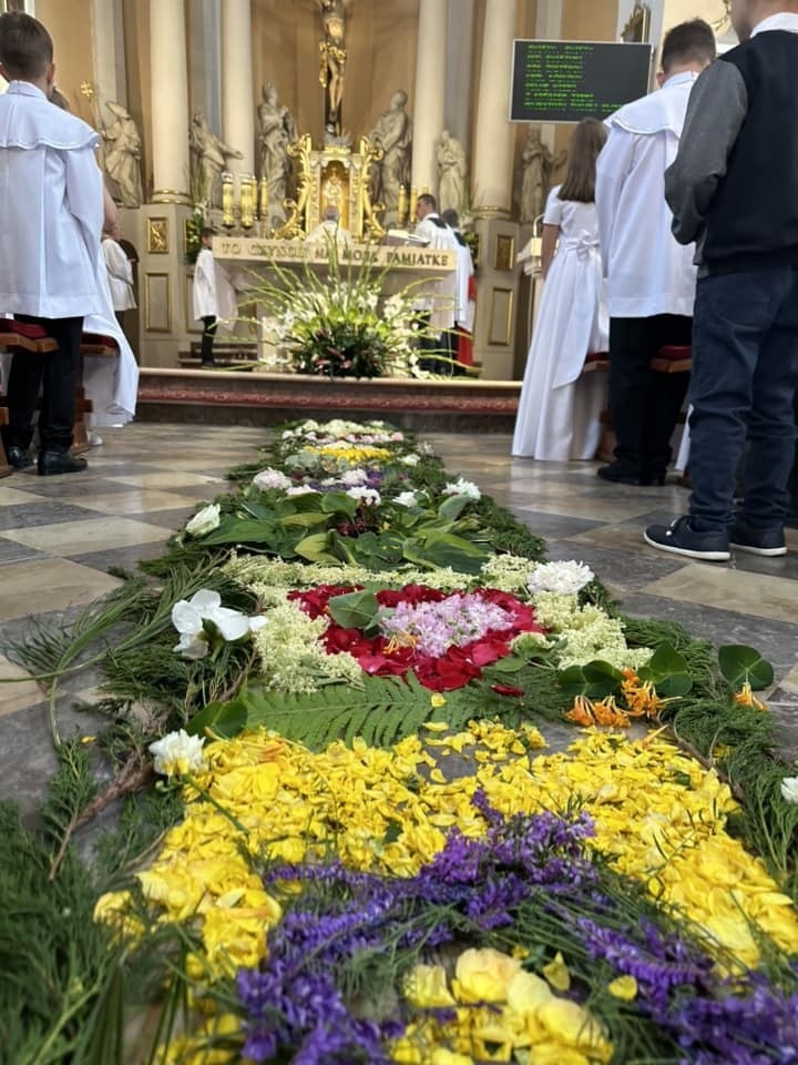 Boże Ciało 2023 w Wodzisławiu. Tradycyjny i piękny dywan z kwiatów oraz mnóstwo wiernych na procesji