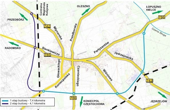 Są pieniądze na budowę pierwszego etapu obwodnicy Włoszczowy (kolor niebieski). Rozpoczęcie już w przyszłym roku.