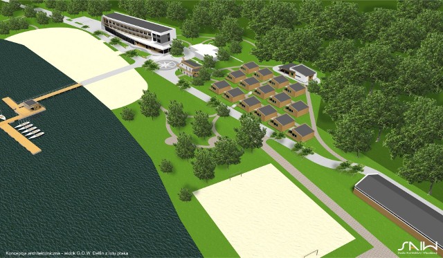 Wizualizacja przebudowy z rozbudową infrastrukturyturystycznej Gminnego Ośrodka Sportów Wodnych w Białym Borze na Jeziorze Rudnickim Wielkim wraz z wyposażeniem.
