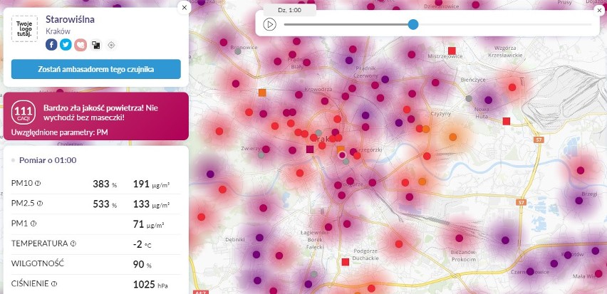 Mapa Airly Krakowa, 16 stycznia o 1 w nocy