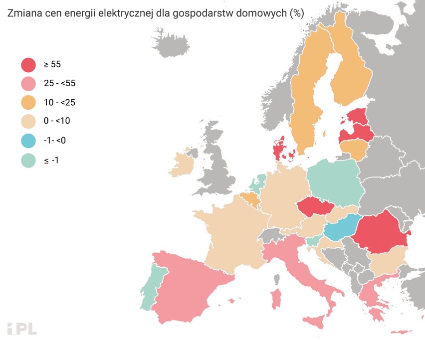 Dane Eurostatu na temat zmian cen energii w krajach UE.