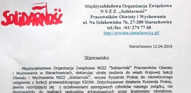 Nauczycielska "Solidarność" ze Starachowic domaga się dymisji Ryszarda Proksy