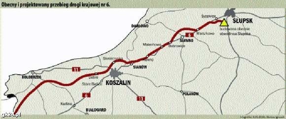 Obecny i projektowany przebieg drogi krajowej nr 6