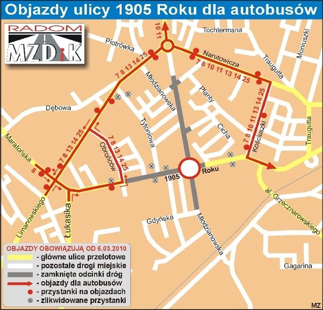 Objazdy ulicy 1905 Roku dla autobusów.