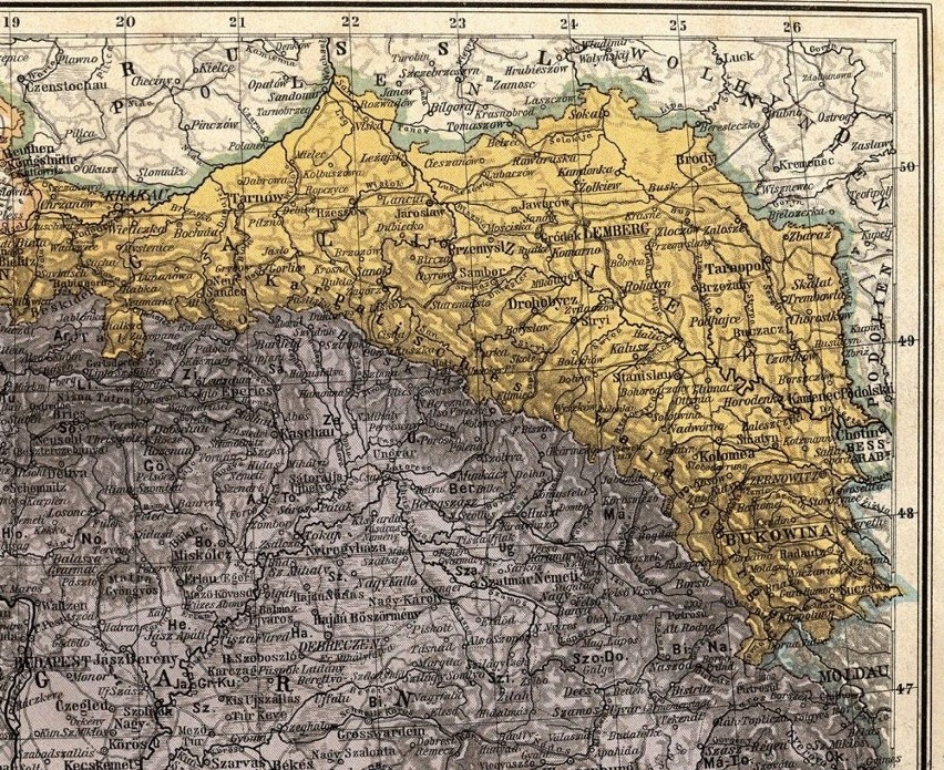 1. Austriacka mapa Galicji z 1905 r., z zaznaczoną stolicą...