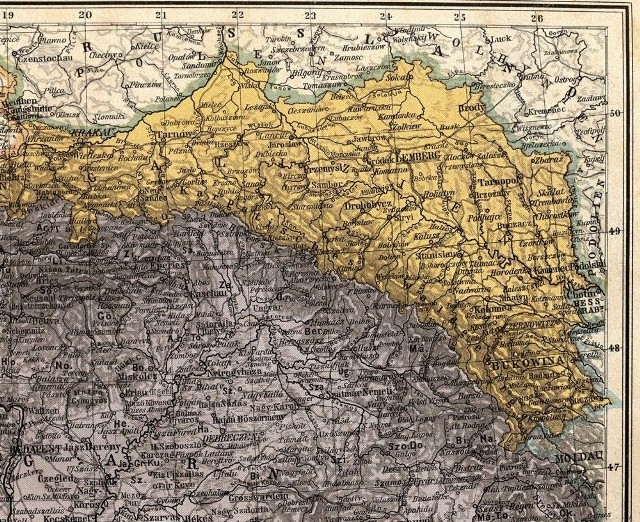 1. Austriacka mapa Galicji z 1905 r., z zaznaczoną stolicą Lembergiem (Lwowem)