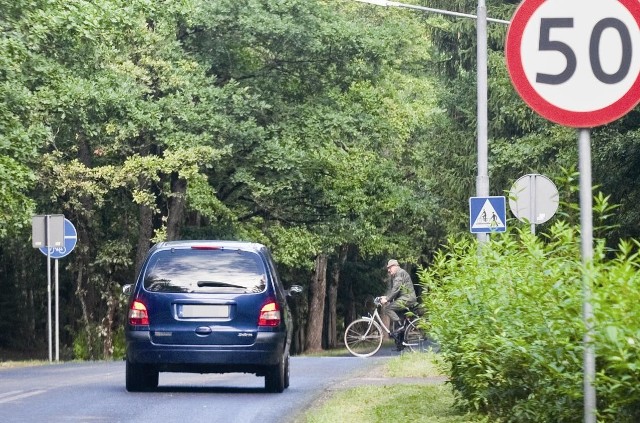 Krzaki przed przejściem z jednej strony ścieżki rowerowej na drugą ograniczają widoczność kierowcom.